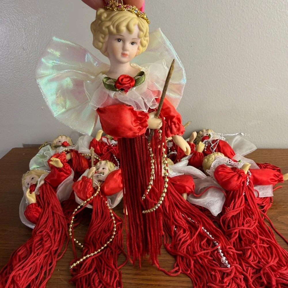 Vintage Set of 9 Porcelain Head Angel Tassel Christmas Ornaments Red Victorian